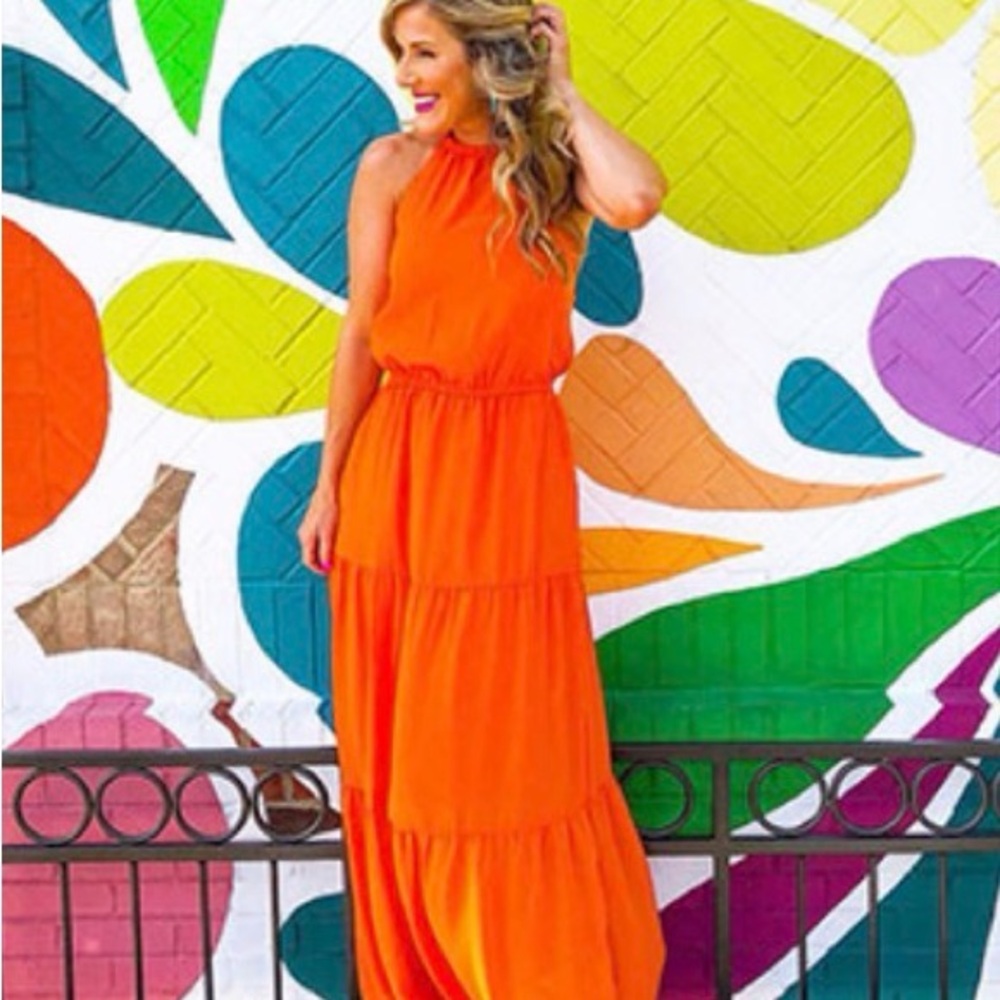 PrettyGarden Vibrant Orange Halter Maxi Dress Tiered Skirt Size Medium Vacation